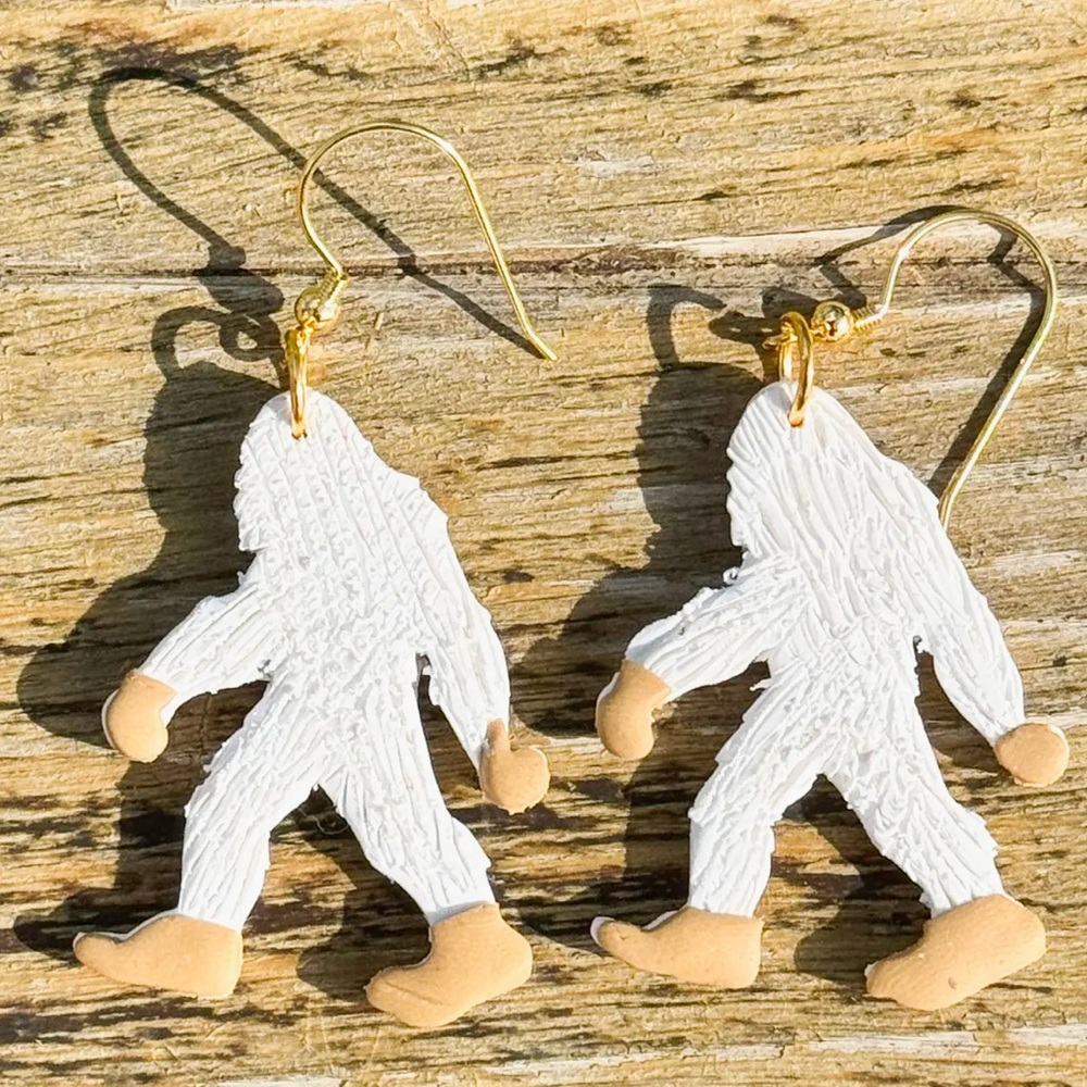 White and Tan Yeti Clay Earrings